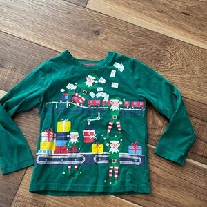 Mini Boden Christmas Green Long Sleeve Shirt with Elf and Gift Design